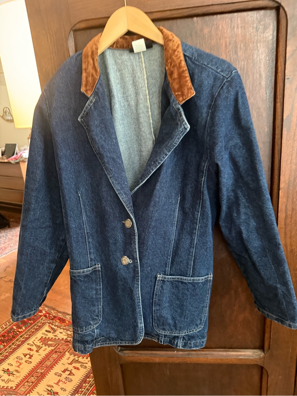 Vintage Women’s Dark Blue Denim Jacket with Brown Velvet Collar + Ornate Buttons